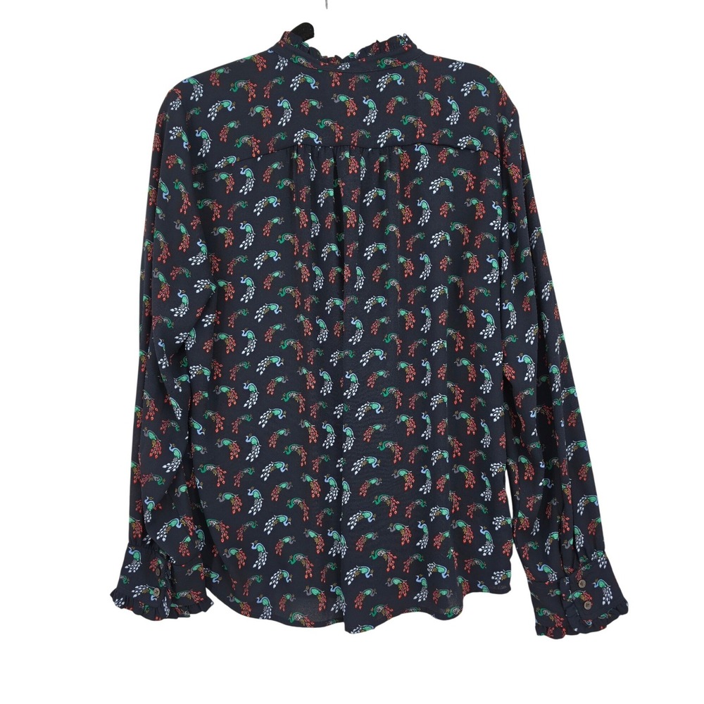 LOFT Navy Blue Peacock Print Ruffle Neck Button Down Blouse Large Whimsical